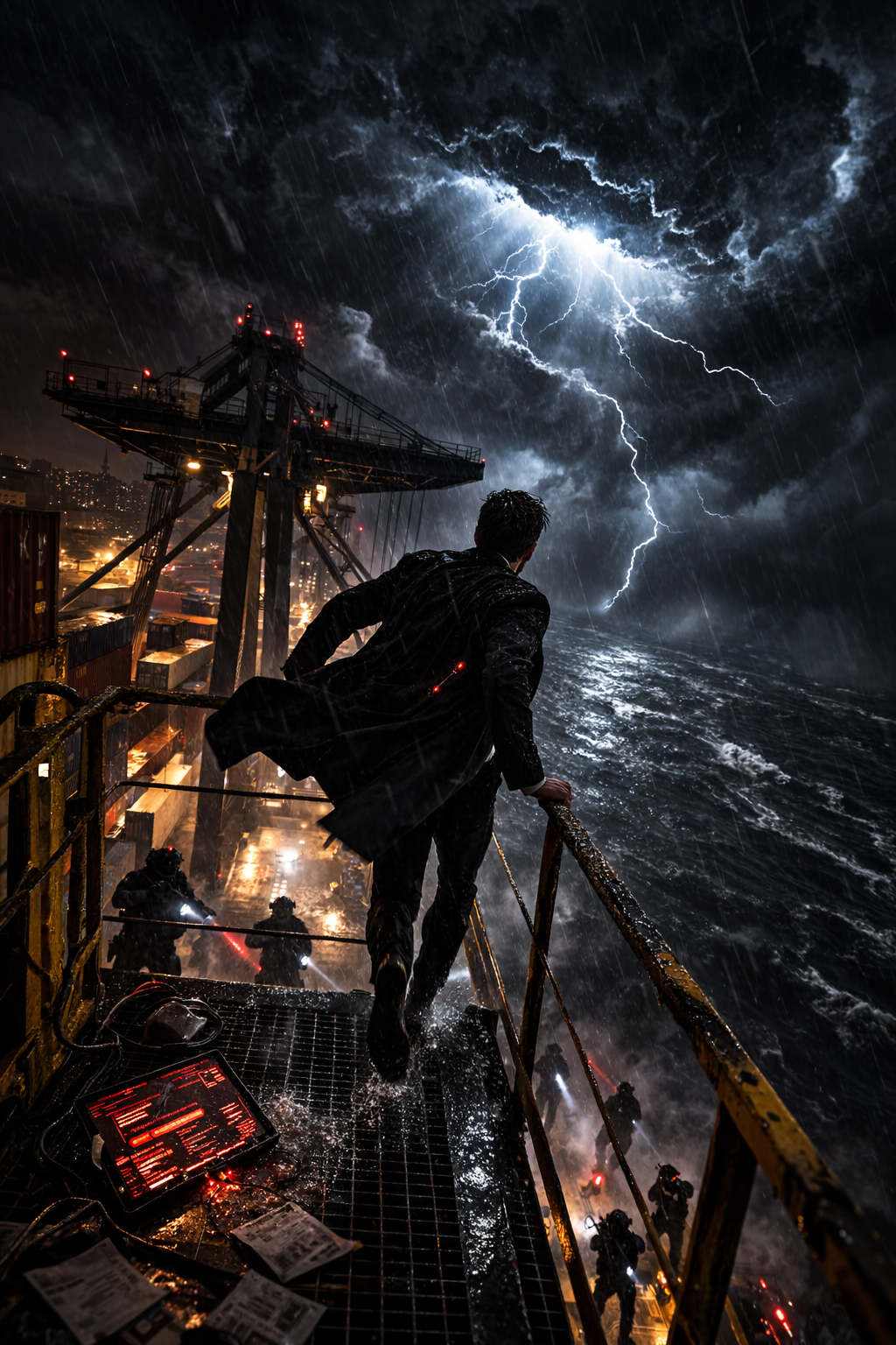 The BEE EVTOL hovering in the rain over the gantry crane.