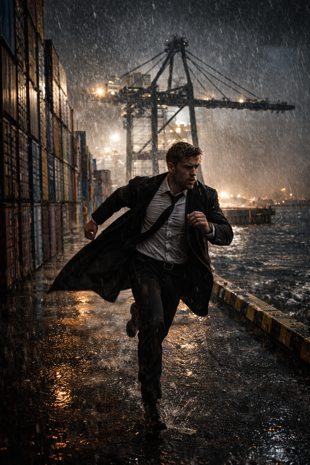 The BEE EVTOL hovering in the rain over the gantry crane.