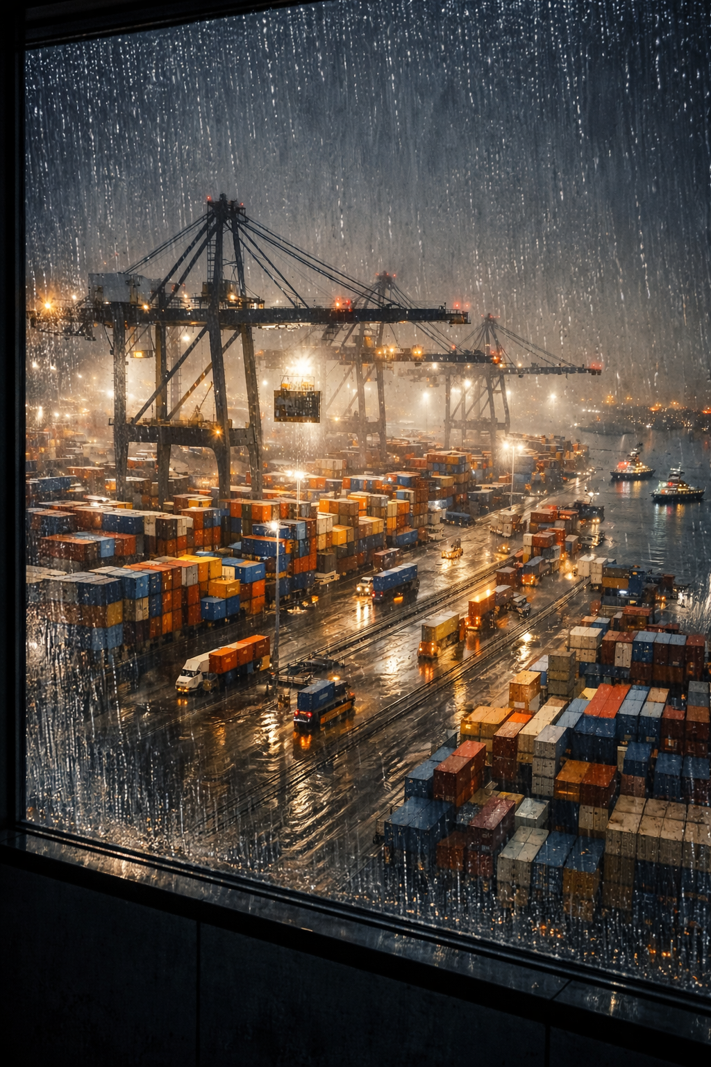 The BEE EVTOL hovering in the rain over the gantry crane.