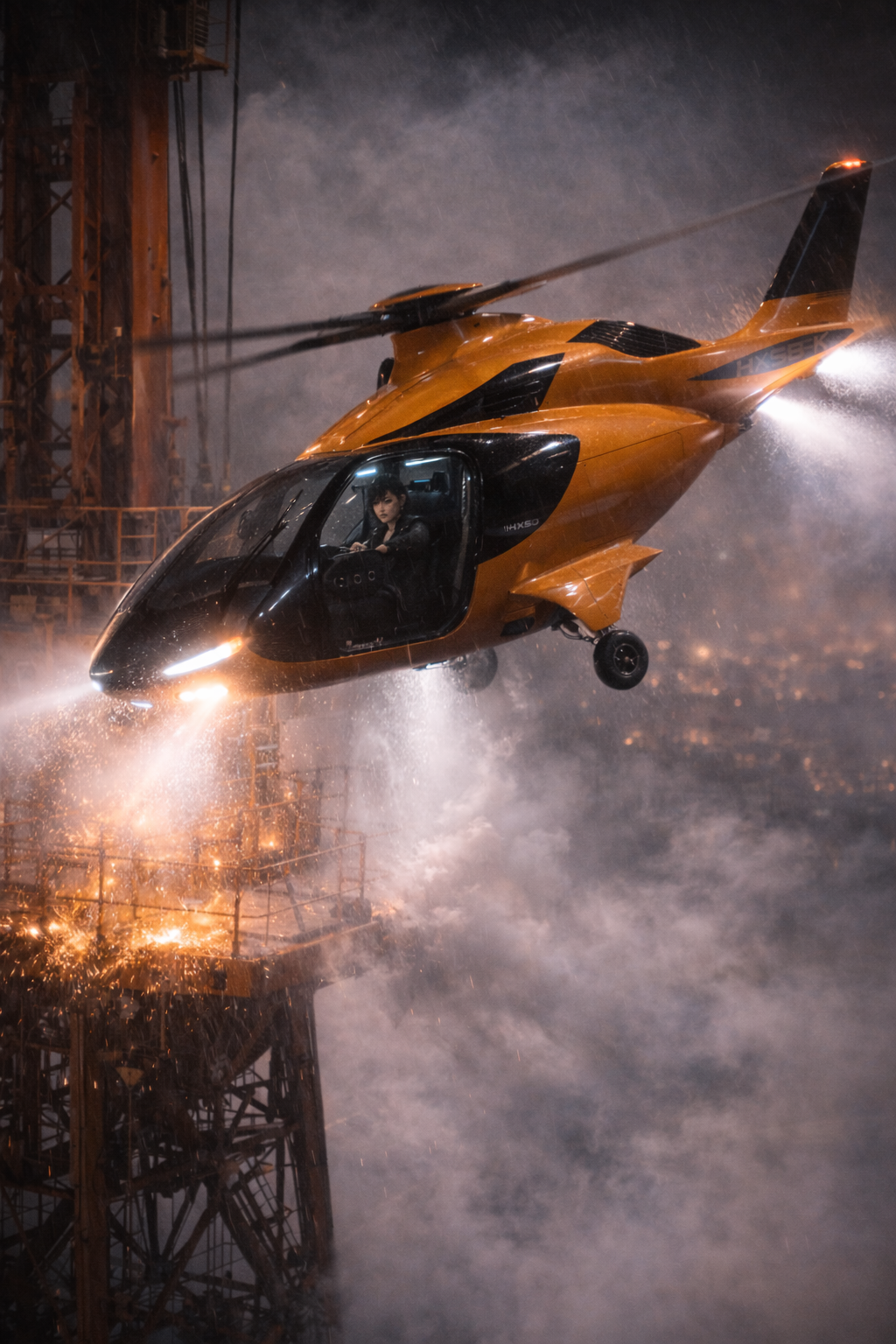 The BEE EVTOL hovering in the rain over the gantry crane.