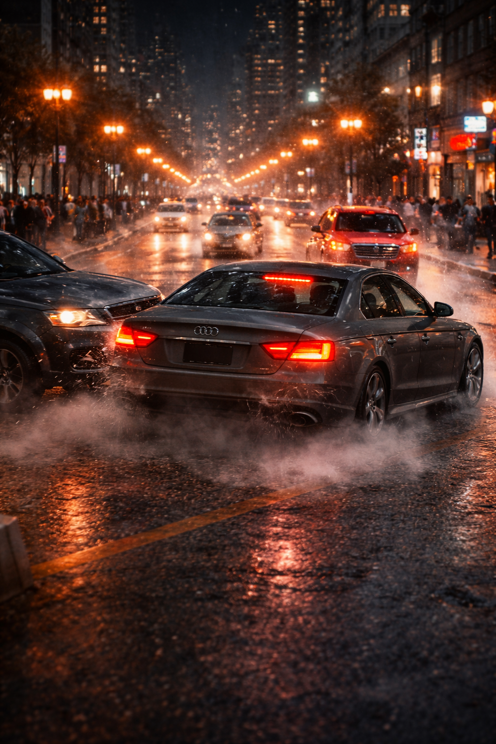 The Fox driving an Audi RS7 in the rain