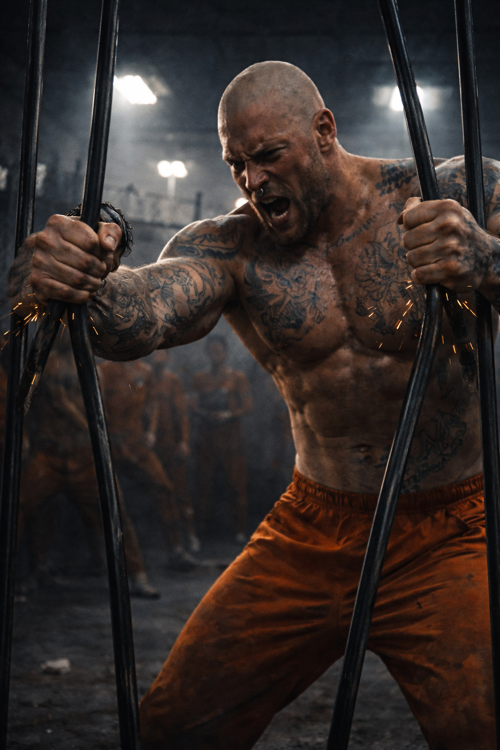 A collapsing steel structure, dust, rubble, and falling concrete