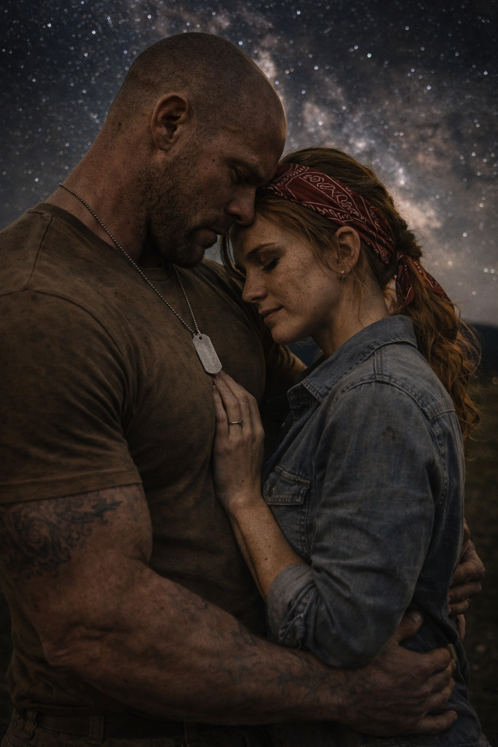 Grunt standing on his family's cattle ranch with his elderly parents, his immense physical presence contrasting with their quiet, rural life.