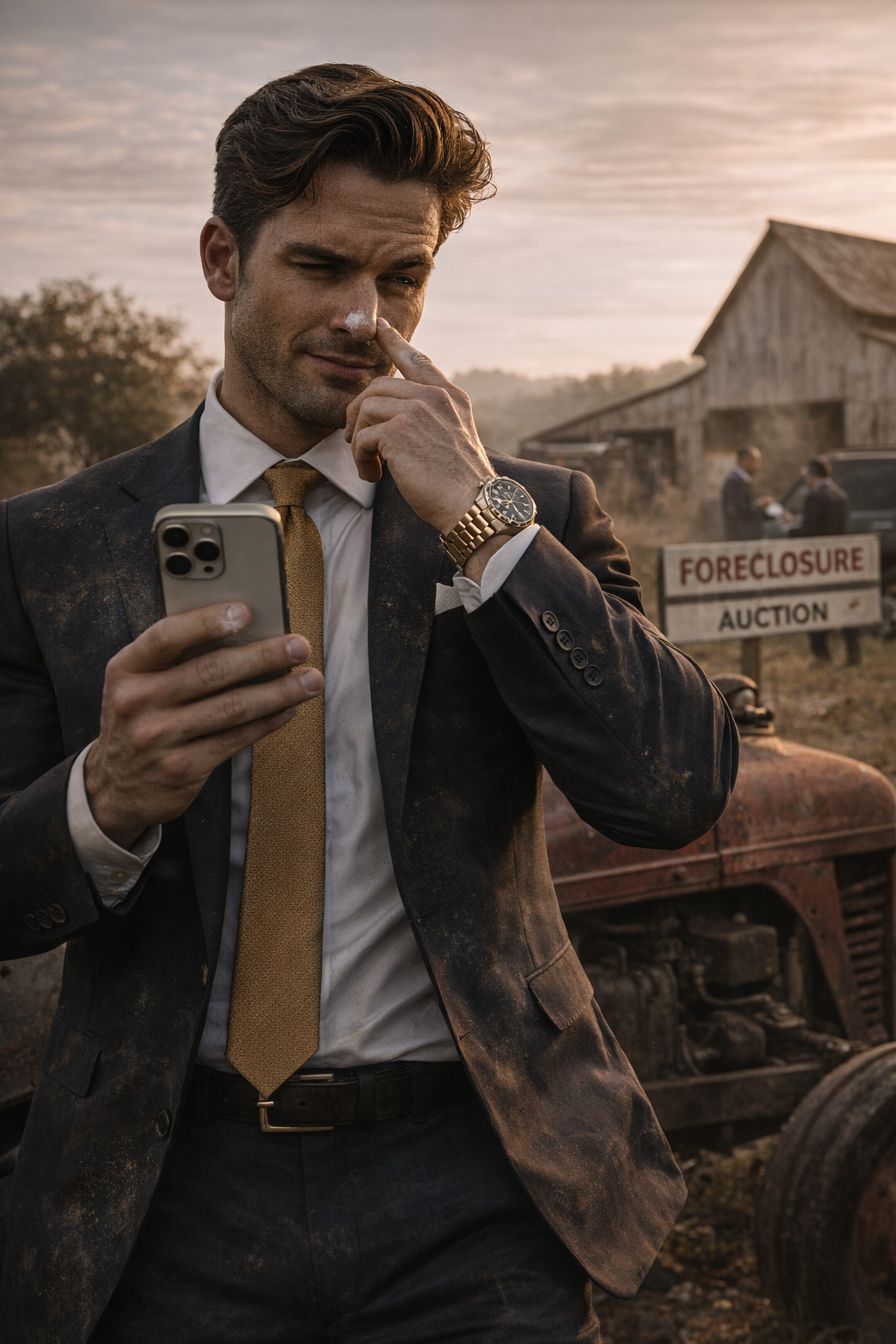 Grunt standing on his family's cattle ranch with his elderly parents, his immense physical presence contrasting with their quiet, rural life.