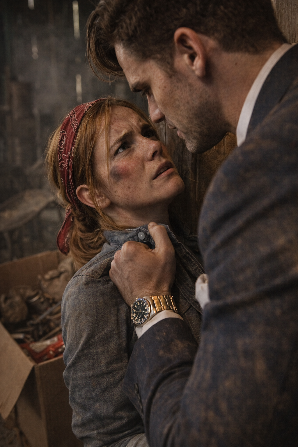 Grunt standing on his family's cattle ranch with his elderly parents, his immense physical presence contrasting with their quiet, rural life.