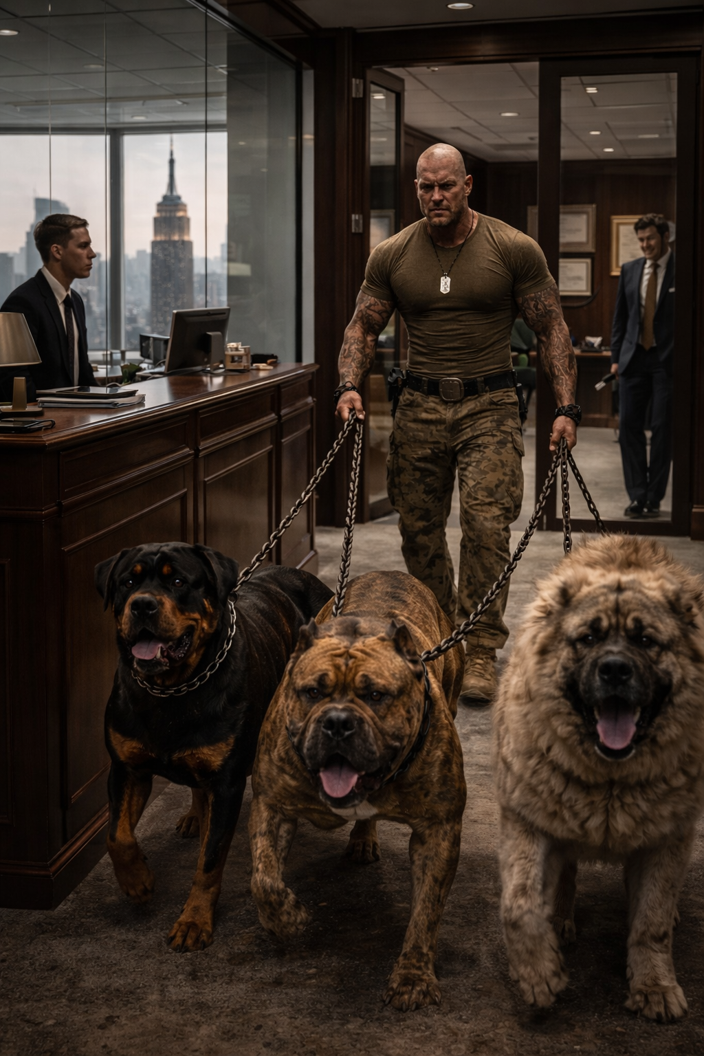Grunt standing on his family's cattle ranch with his elderly parents, his immense physical presence contrasting with their quiet, rural life.