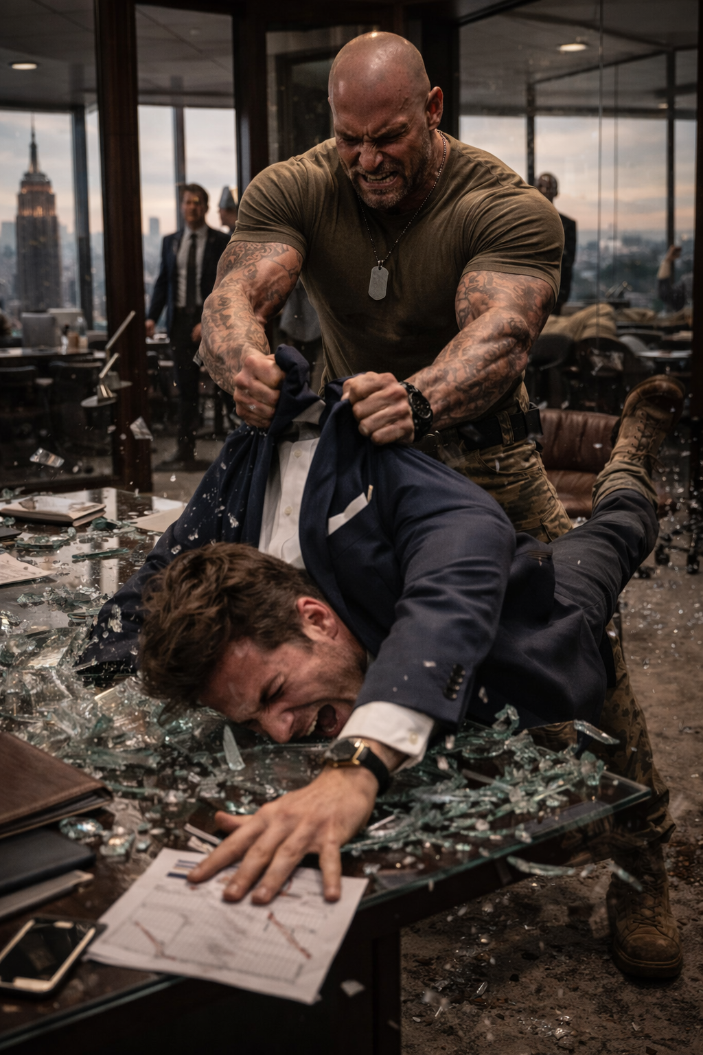 Grunt standing on his family's cattle ranch with his elderly parents, his immense physical presence contrasting with their quiet, rural life.