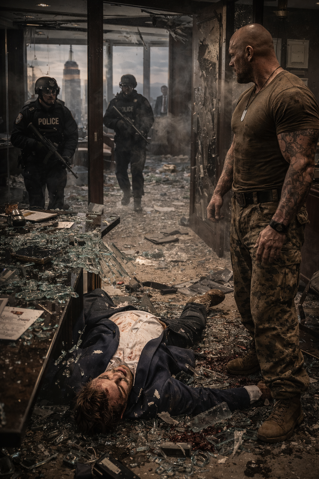 Grunt standing on his family's cattle ranch with his elderly parents, his immense physical presence contrasting with their quiet, rural life.