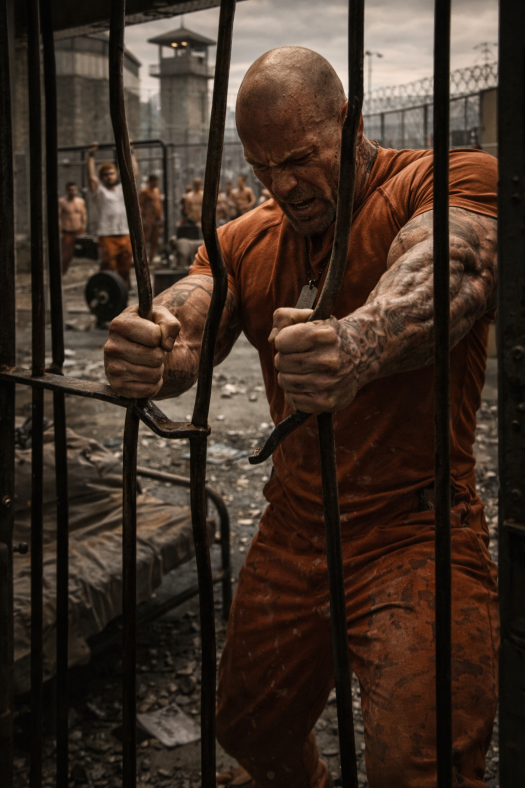 Grunt standing on his family's cattle ranch with his elderly parents, his immense physical presence contrasting with their quiet, rural life.