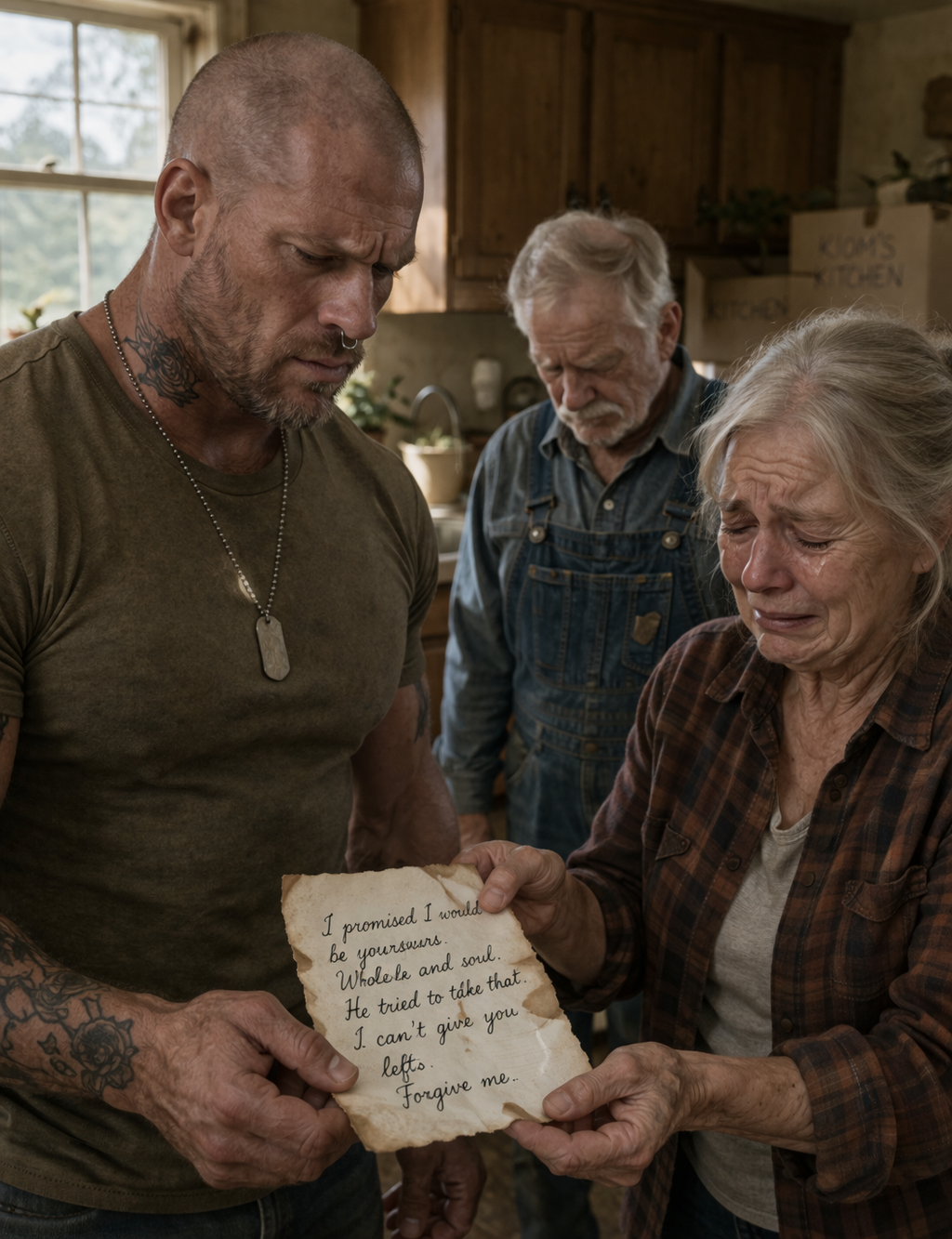 Grunt standing on his family's cattle ranch with his elderly parents, his immense physical presence contrasting with their quiet, rural life.