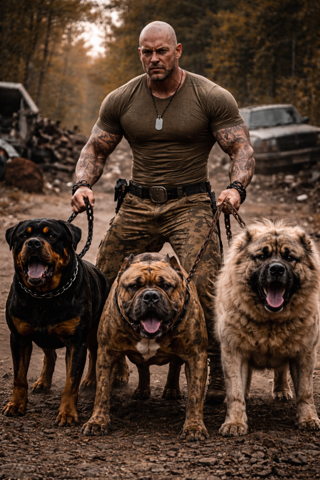 Isaac Kanaan standing in the shadows, massive and scarred, wearing a tattered canvas jacket