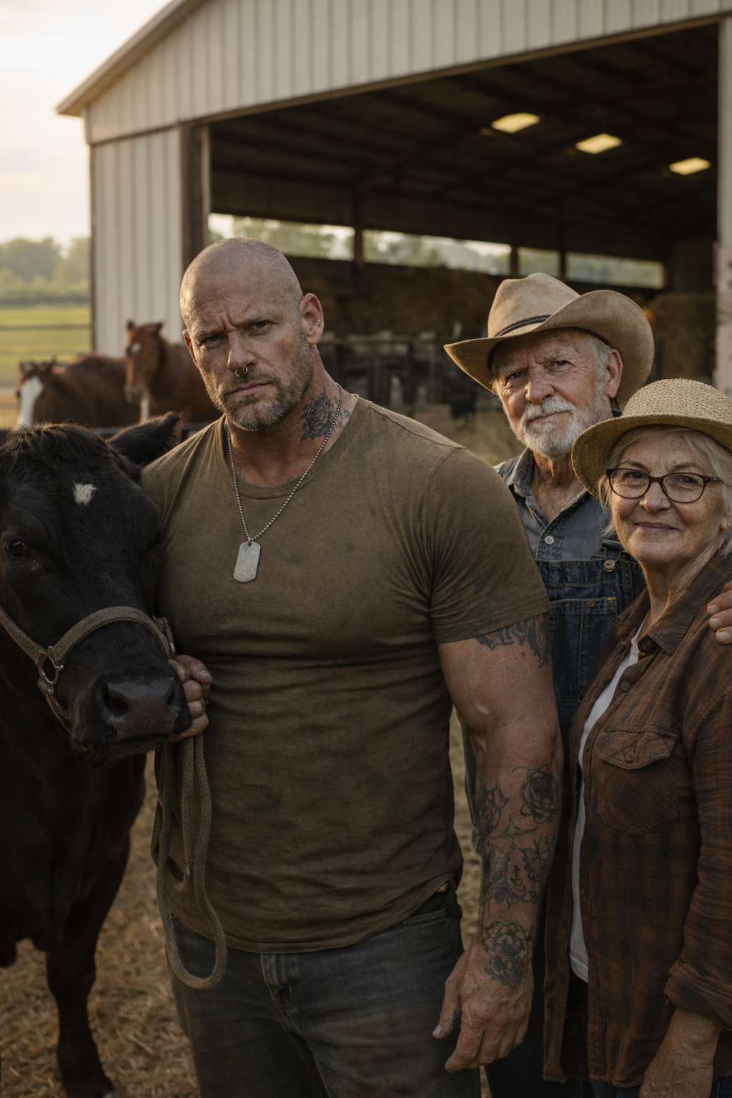 Grunt standing on his family's cattle ranch with his elderly parents, his immense physical presence contrasting with their quiet, rural life.