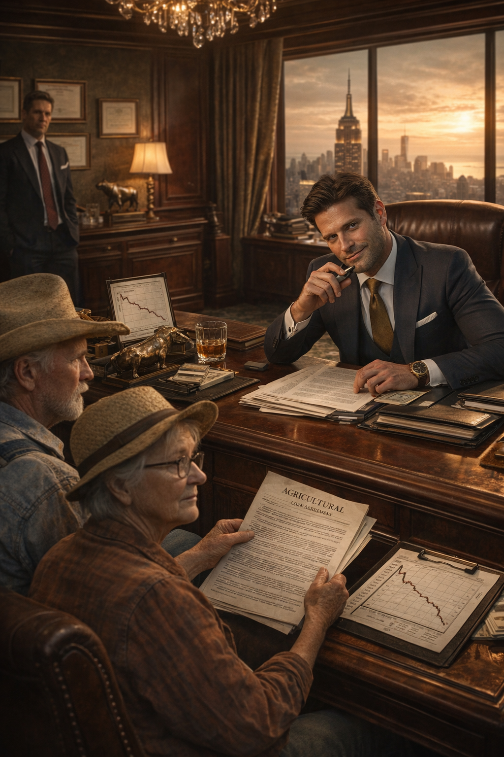 Grunt standing on his family's cattle ranch with his elderly parents, his immense physical presence contrasting with their quiet, rural life.