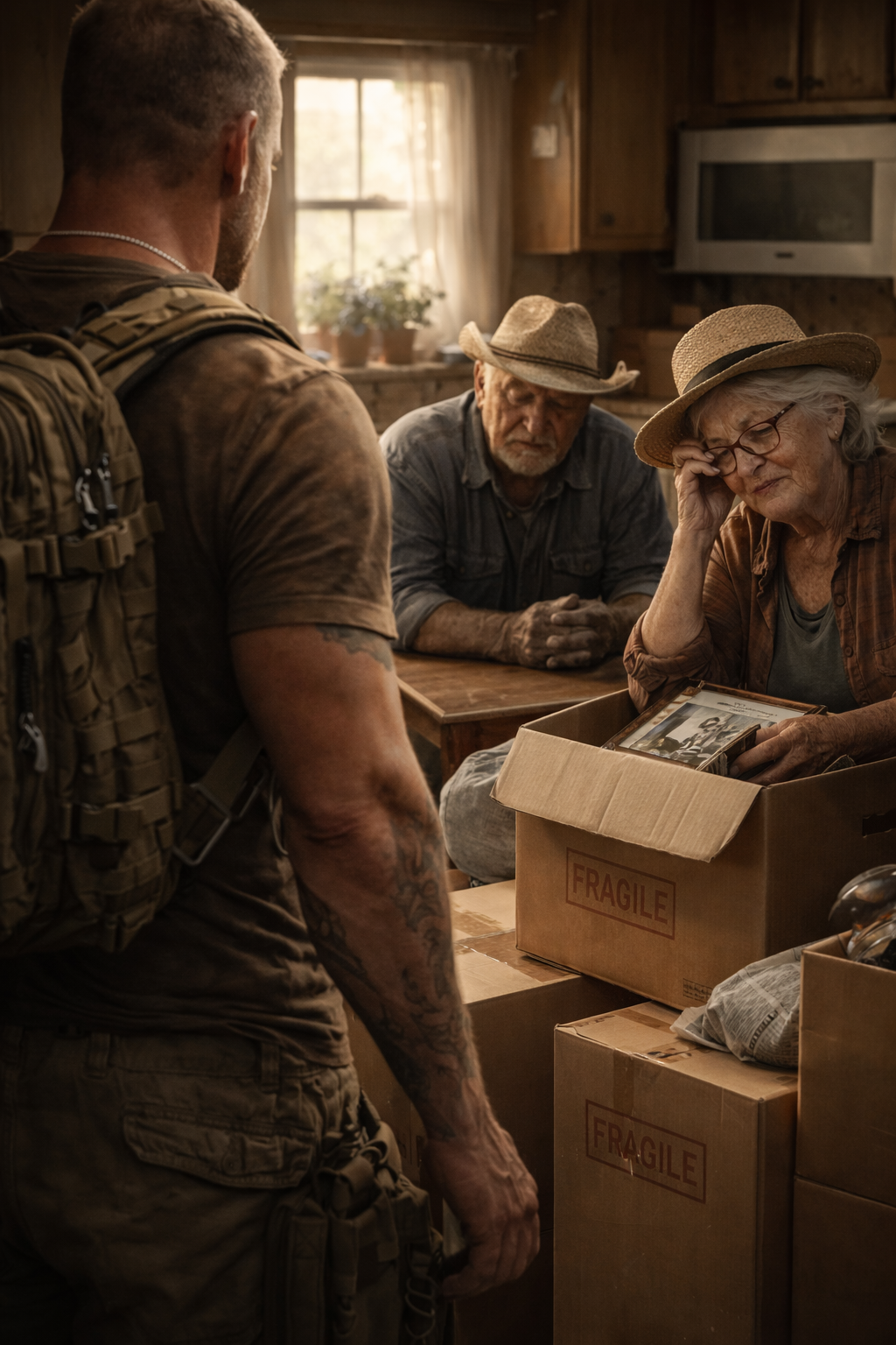 Grunt standing on his family's cattle ranch with his elderly parents, his immense physical presence contrasting with their quiet, rural life.