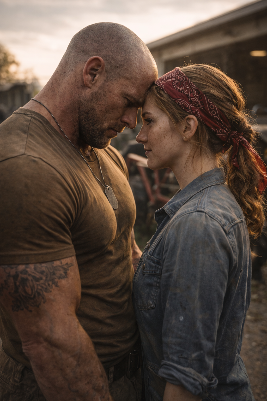 Grunt standing on his family's cattle ranch with his elderly parents, his immense physical presence contrasting with their quiet, rural life.
