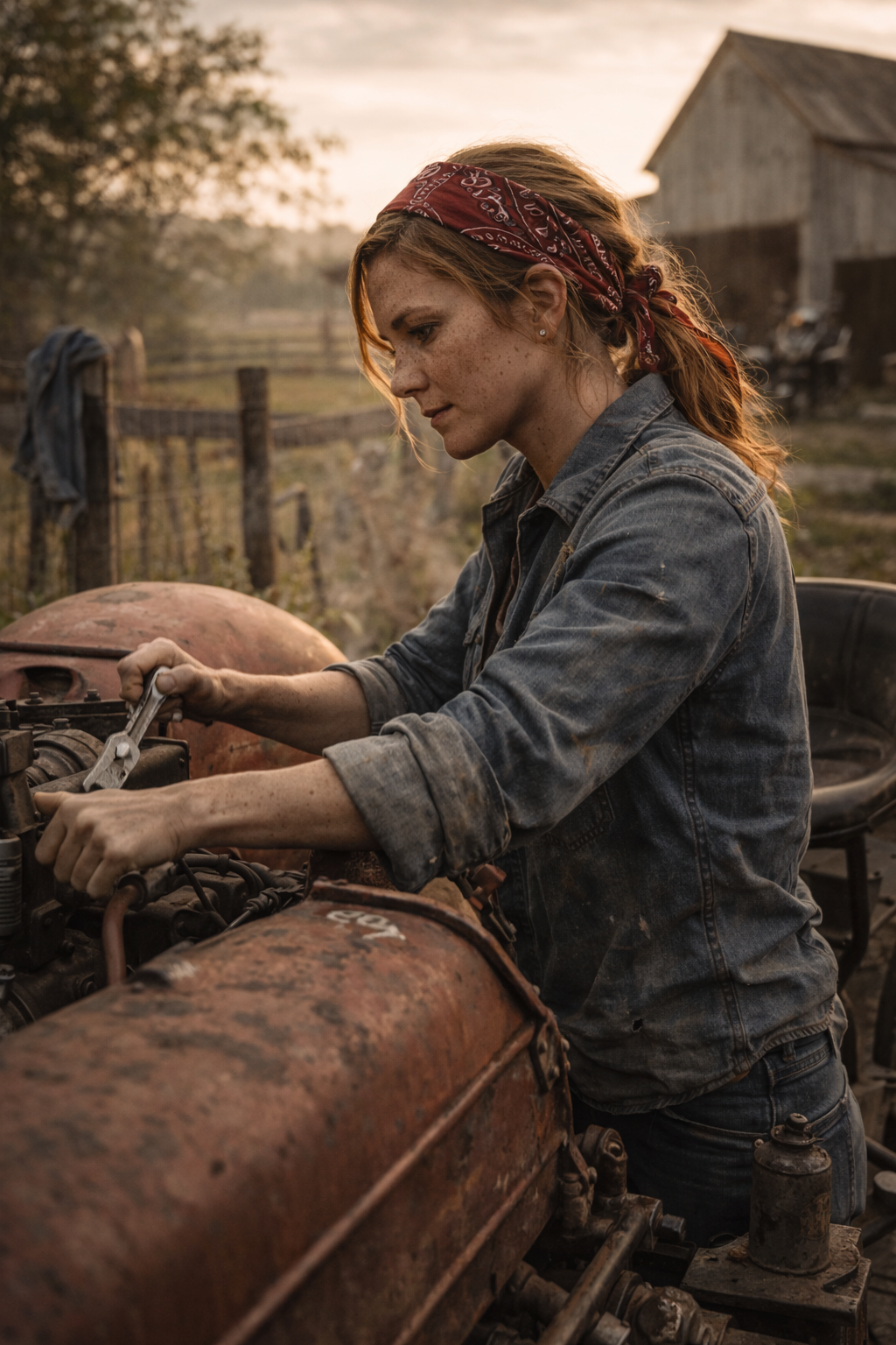 Grunt standing on his family's cattle ranch with his elderly parents, his immense physical presence contrasting with their quiet, rural life.