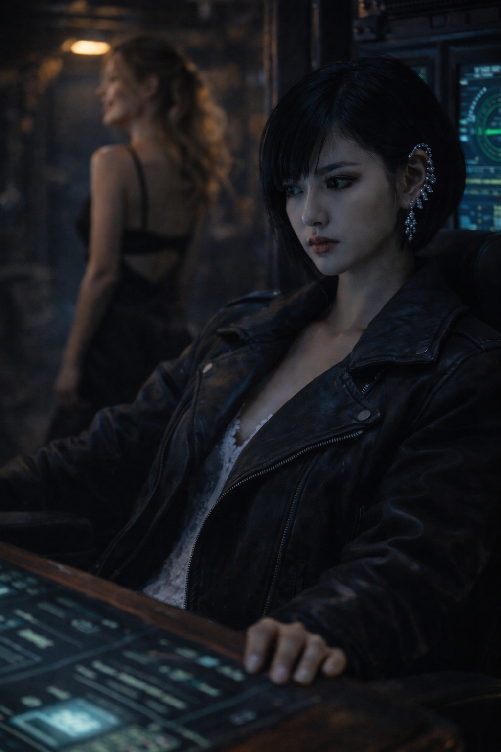 Harper Hayes looking over her shoulder against the city skyline at twilight.