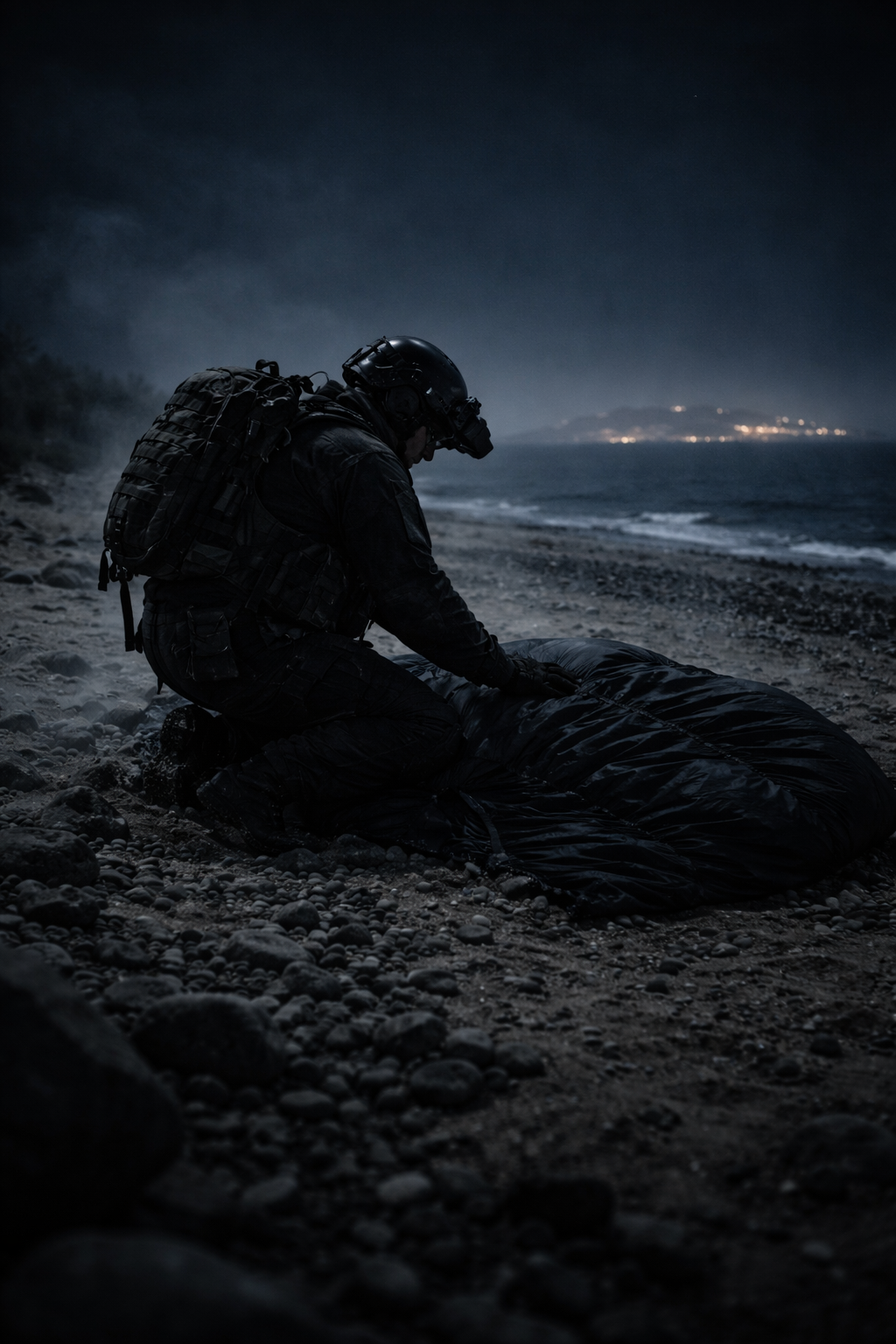 A matte-black stealth transport aircraft cutting silently through the upper atmosphere above the clouds.