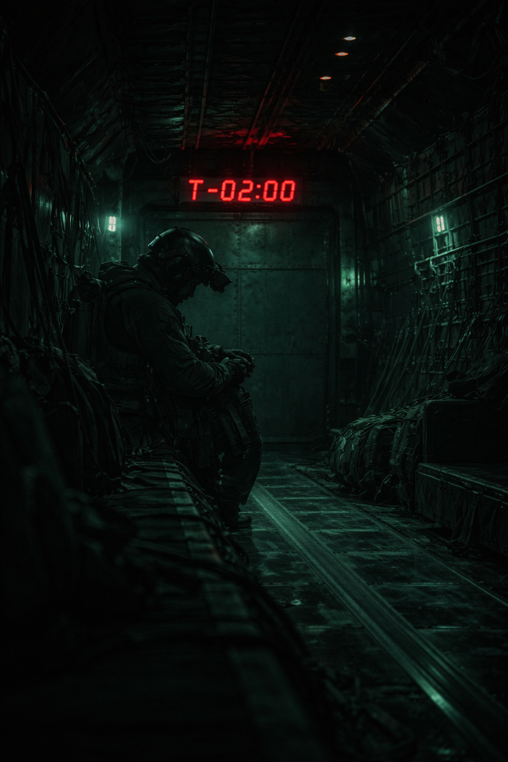 A matte-black stealth transport aircraft cutting silently through the upper atmosphere above the clouds.