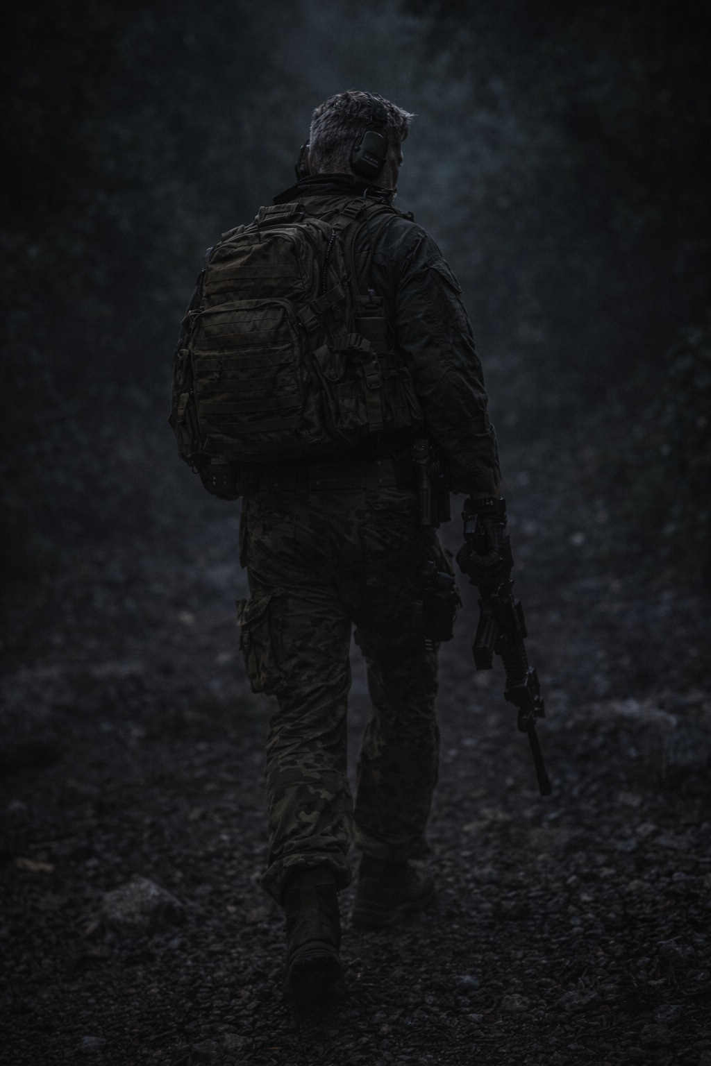 A matte-black stealth transport aircraft cutting silently through the upper atmosphere above the clouds.