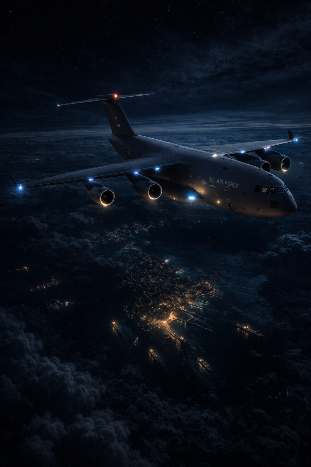 A matte-black stealth transport aircraft cutting silently through the upper atmosphere above the clouds.