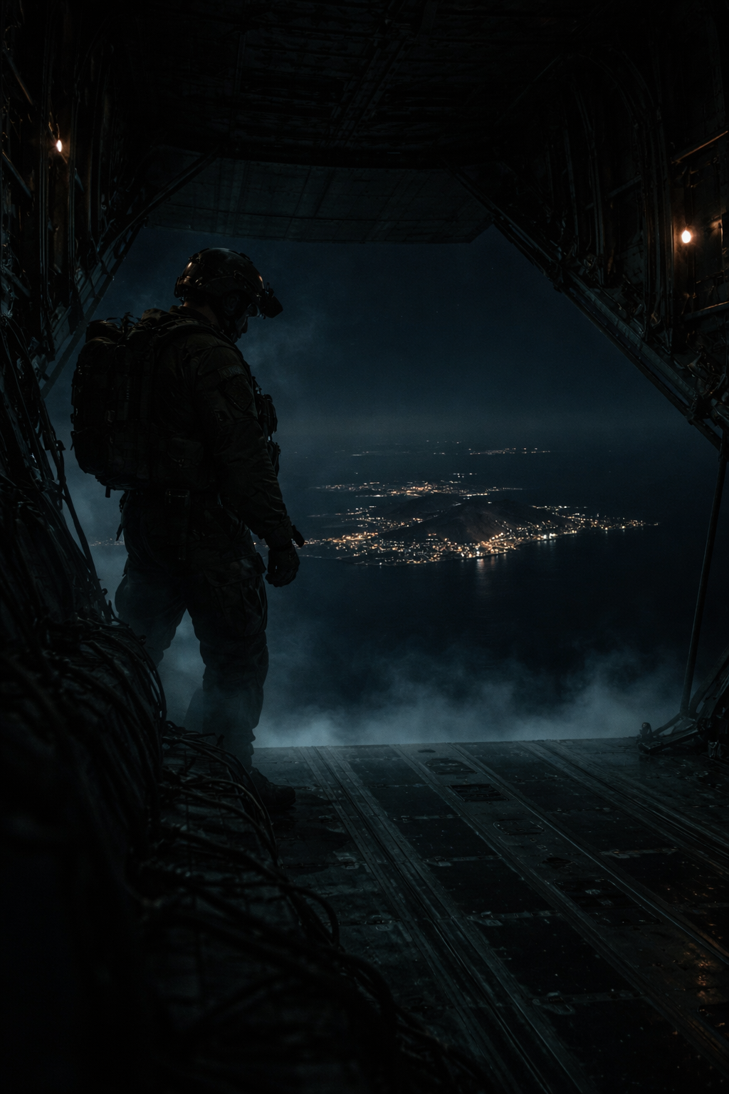 A matte-black stealth transport aircraft cutting silently through the upper atmosphere above the clouds.