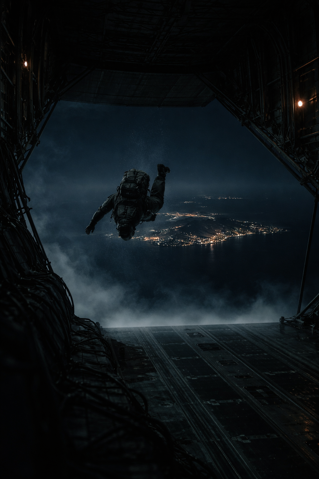 A matte-black stealth transport aircraft cutting silently through the upper atmosphere above the clouds.