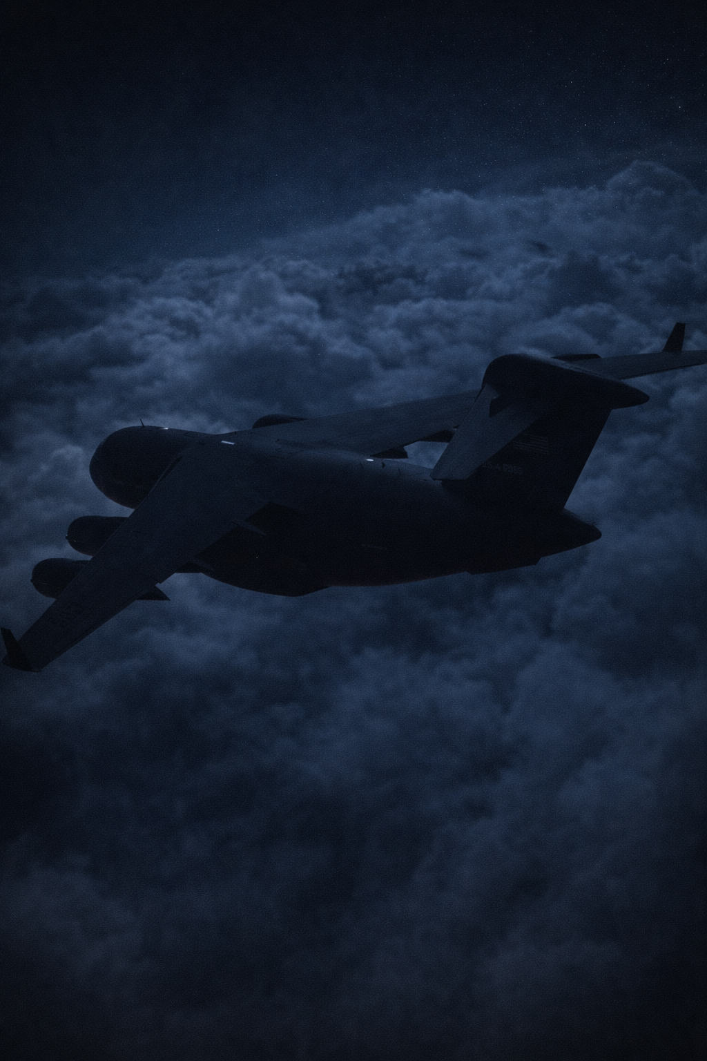 A matte-black stealth transport aircraft cutting silently through the upper atmosphere above the clouds.