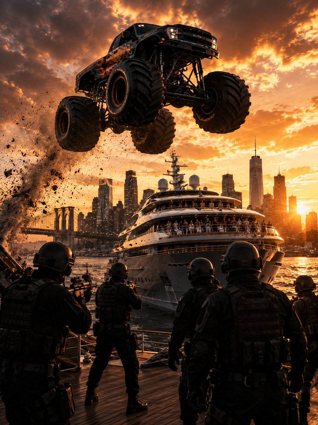 Monster Jam Over Mega-Yacht Hudson River
