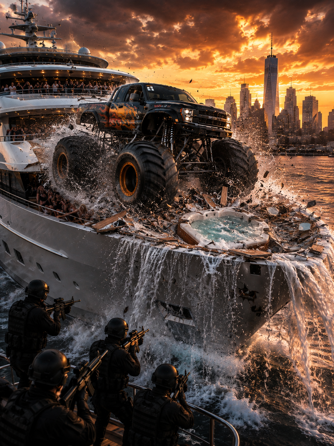 Monster Jam Over Mega-Yacht Hudson River