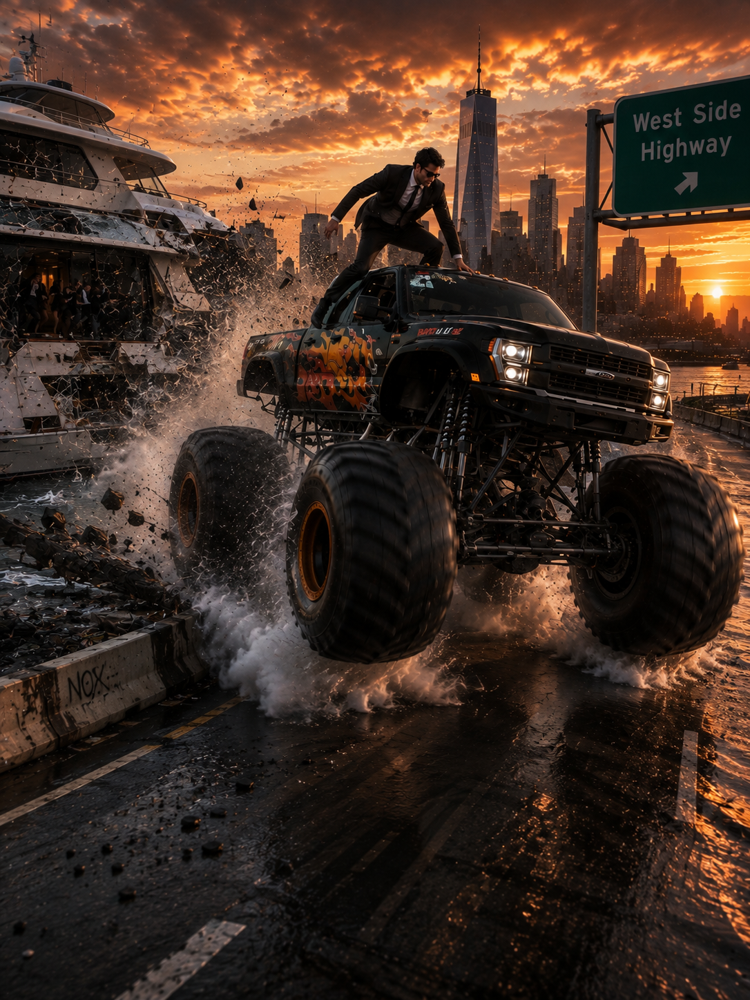 Monster Jam Over Mega-Yacht Hudson River