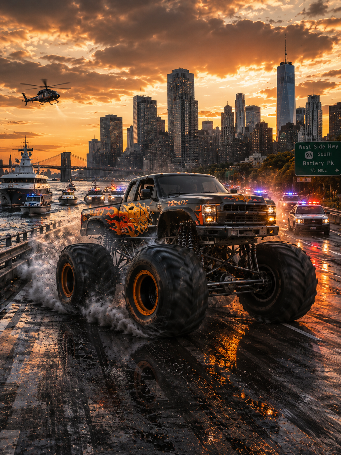 Monster Truck and Helicopter Chase Action