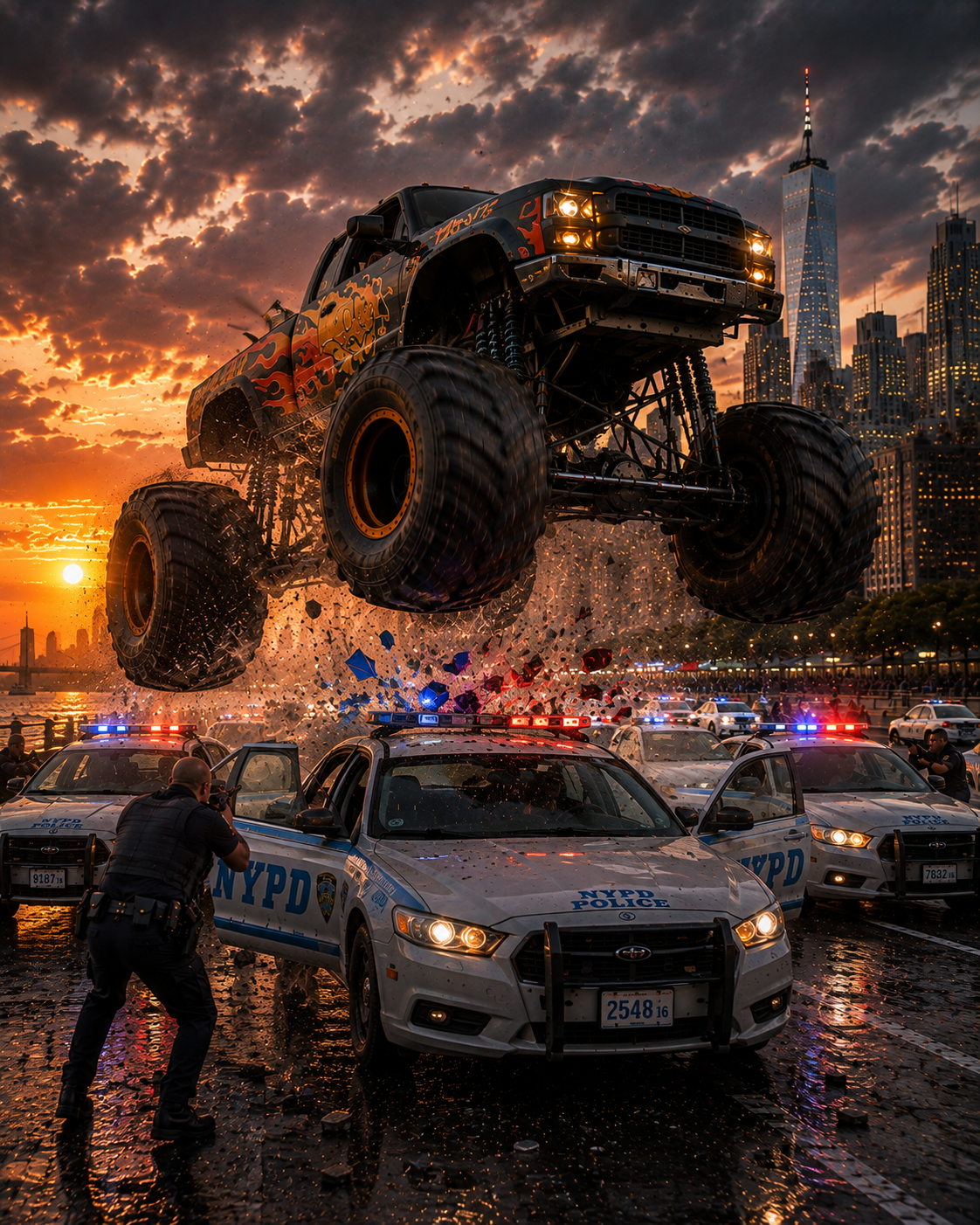 Monster Truck and Helicopter Chase Action