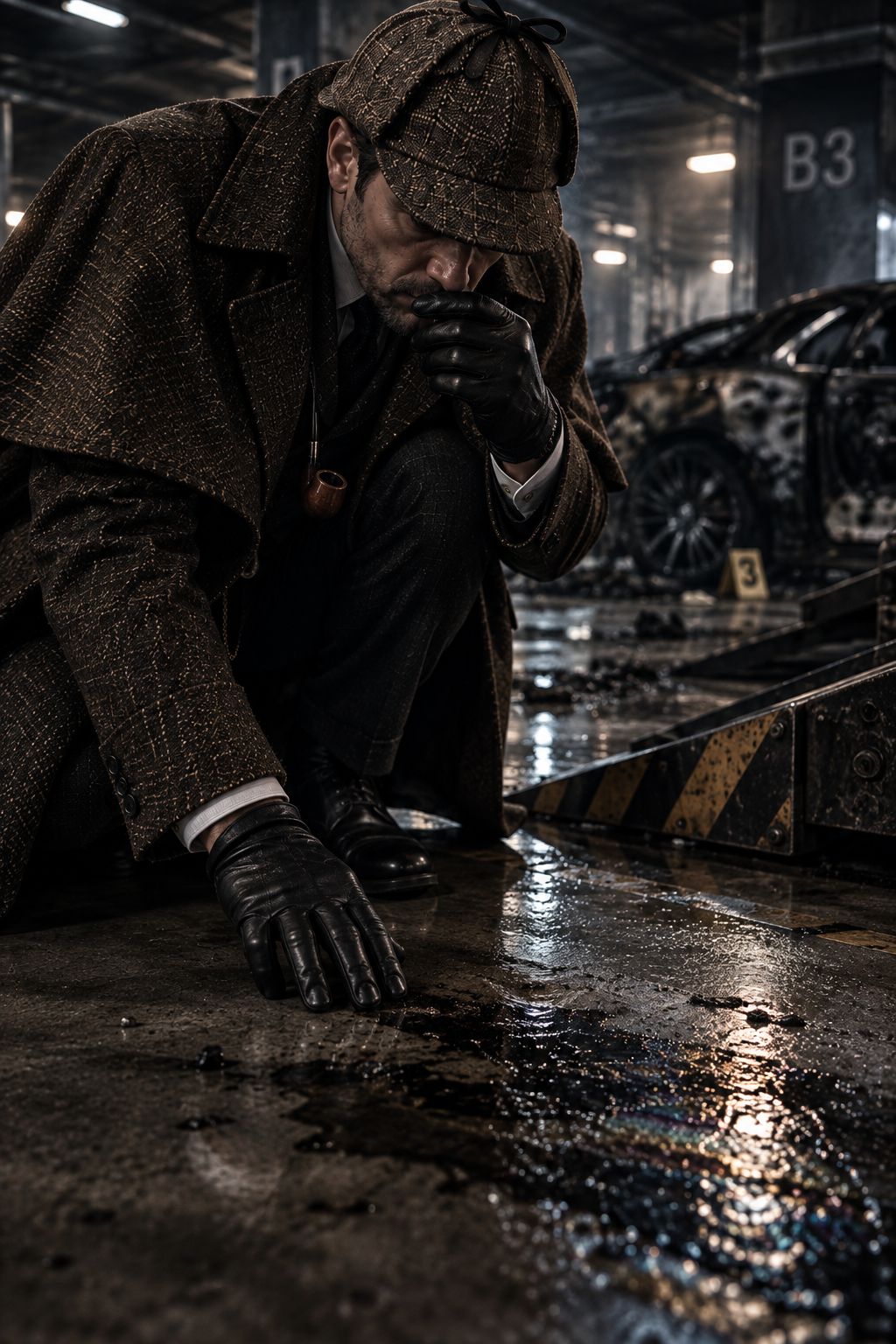 Knox Miller inspecting an oil trace beside the hydraulic ramp