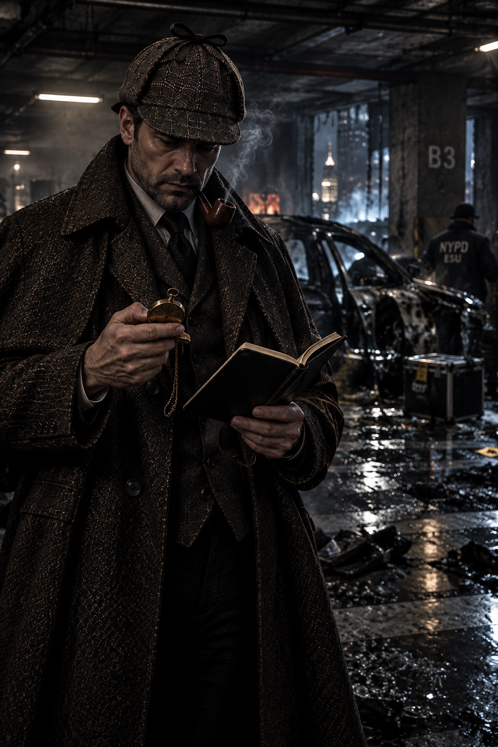 Knox Miller examining the ruined Midtown executive garage