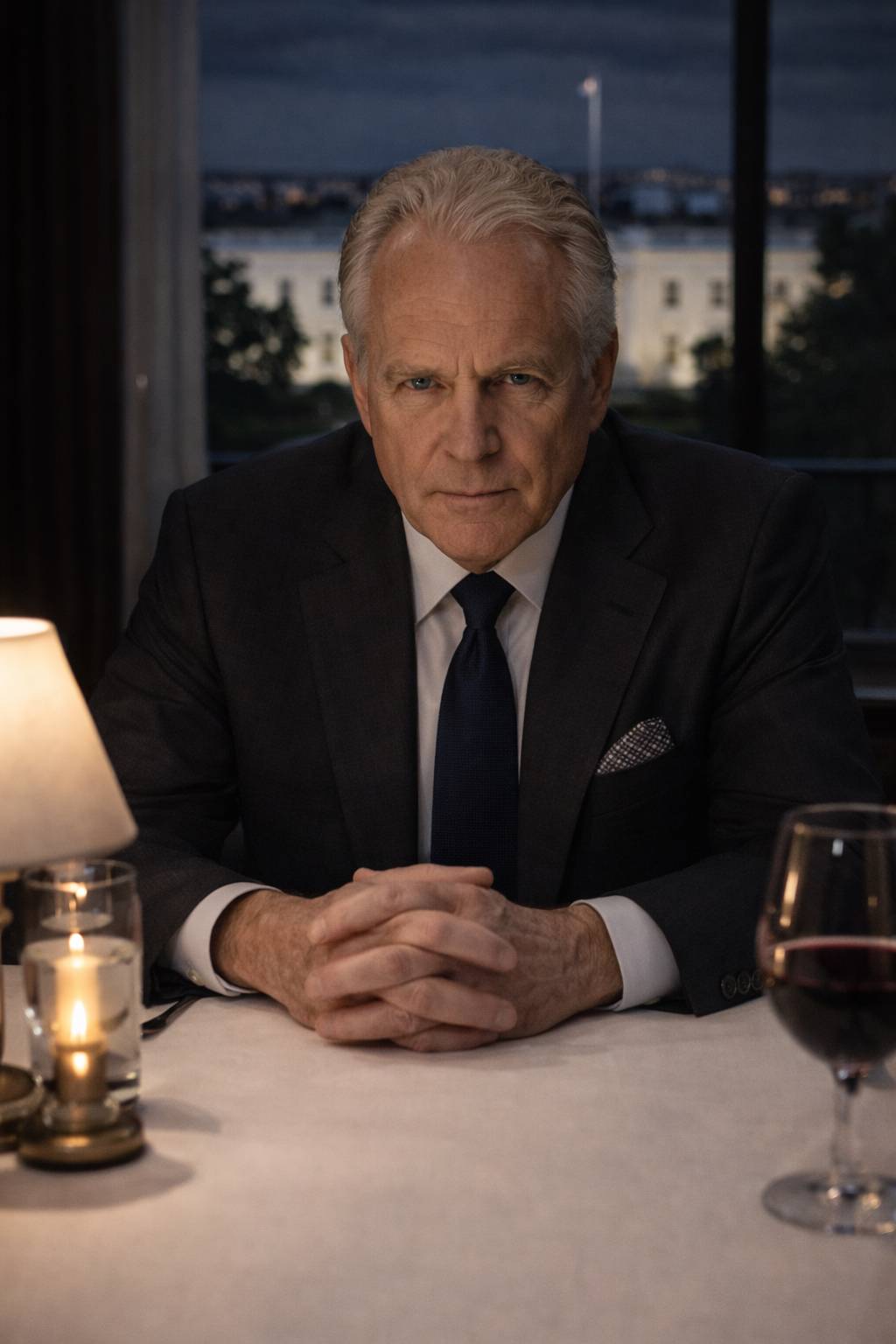Leland Sterling sitting at a massive mahogany desk, reviewing a classified dossier.