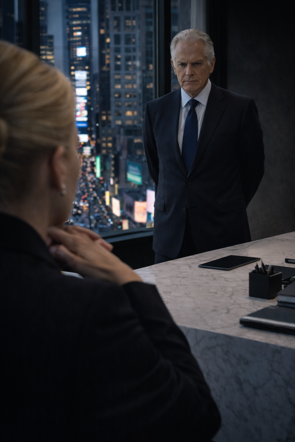 Leland Sterling sitting at a massive mahogany desk, reviewing a classified dossier.