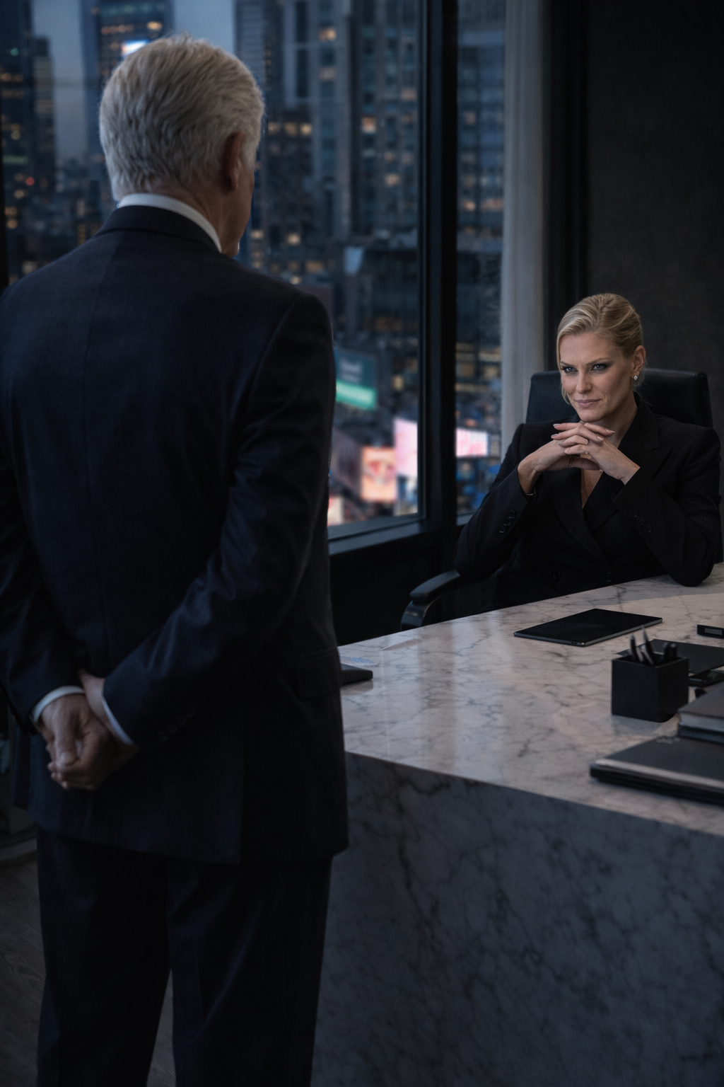 Leland Sterling sitting at a massive mahogany desk, reviewing a classified dossier.