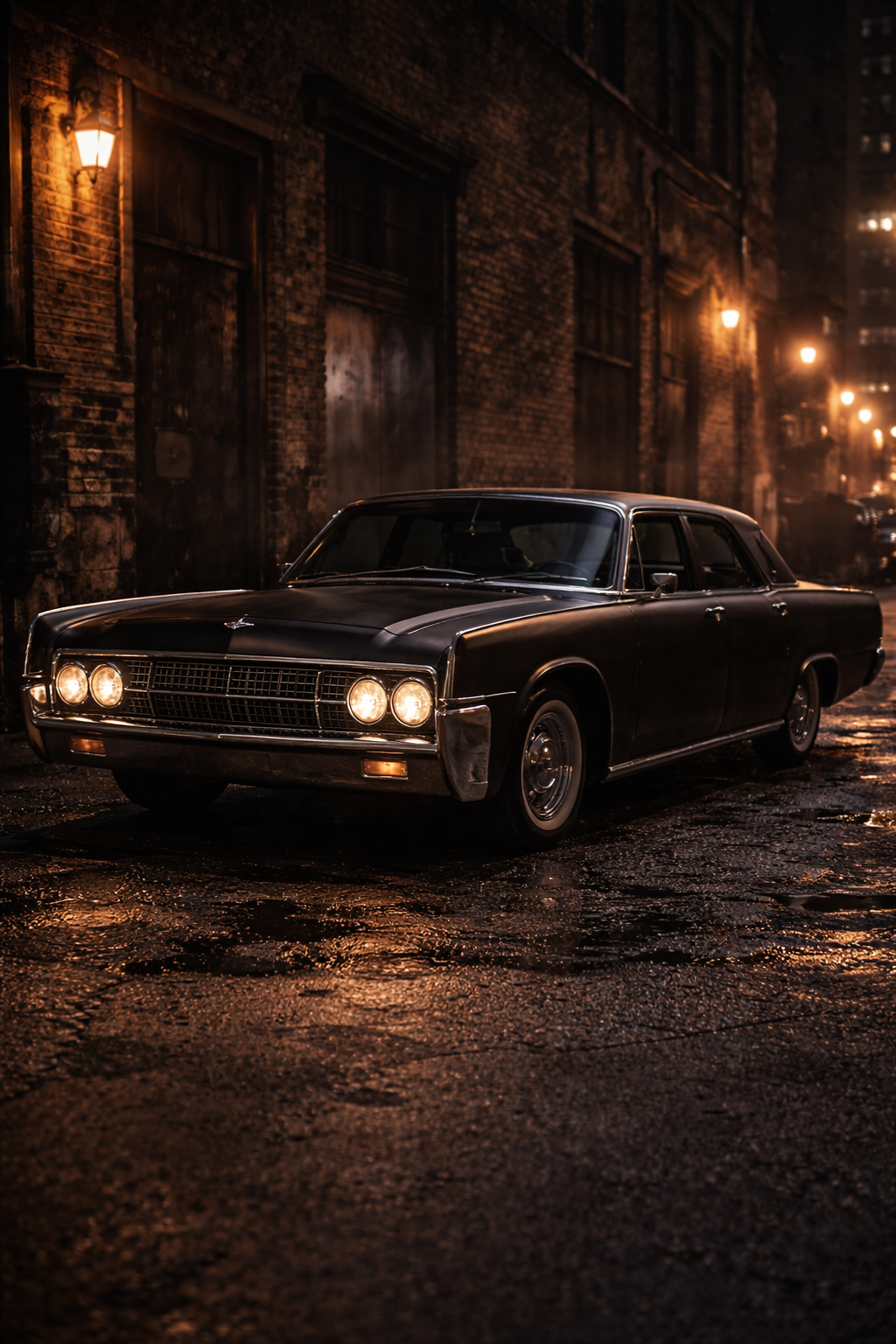 A matte black 1964 Lincoln Continental in the rain