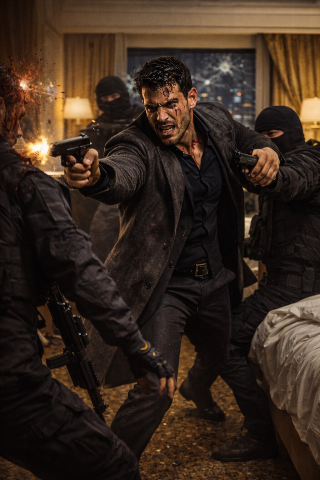 Shattered glass and bullet casings littering the marble floor of a luxury Macau hotel room.