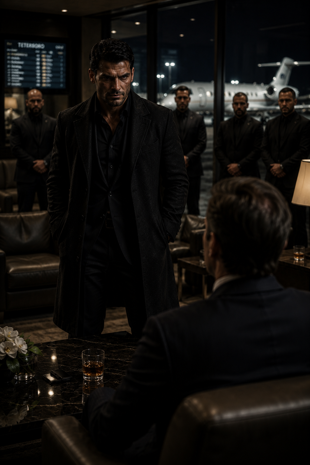 A bruised and bloody man in a ruined tailored suit, holding a suppressed pistol in the rain.