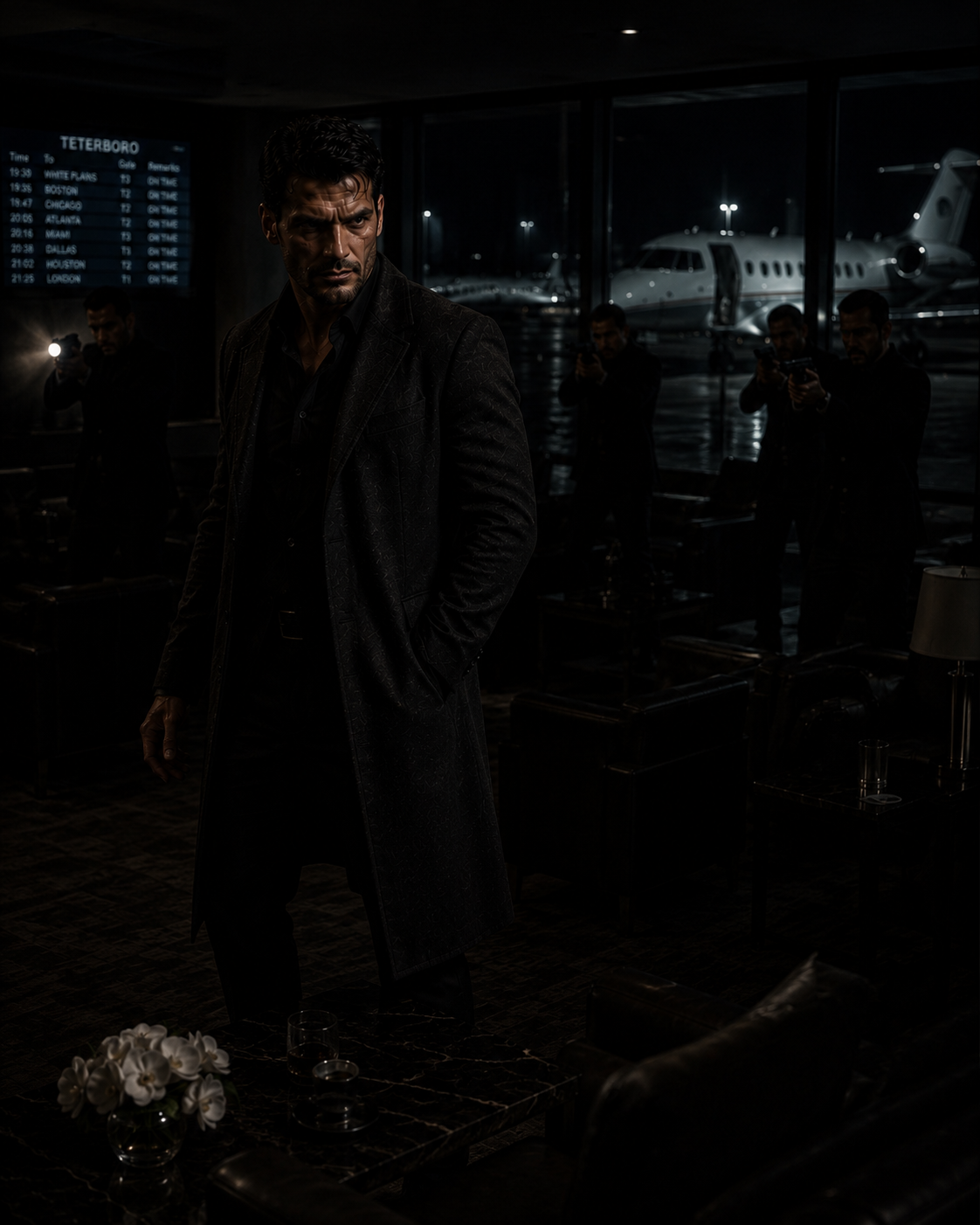 A bruised and bloody man in a ruined tailored suit, holding a suppressed pistol in the rain.