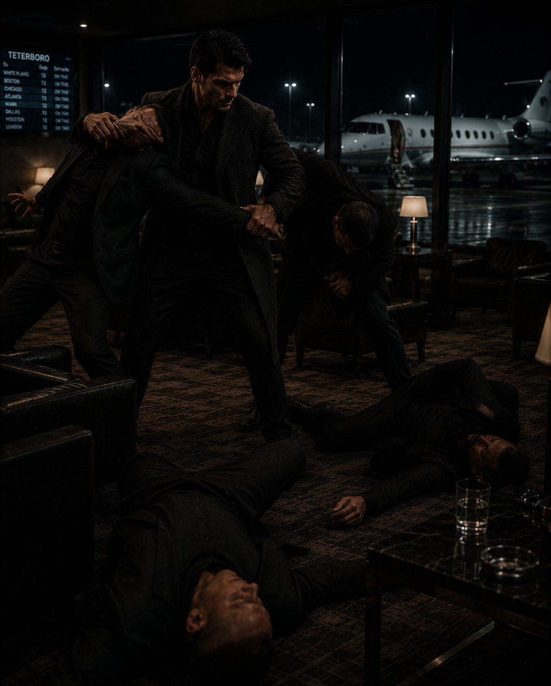 A bruised and bloody man in a ruined tailored suit, holding a suppressed pistol in the rain.