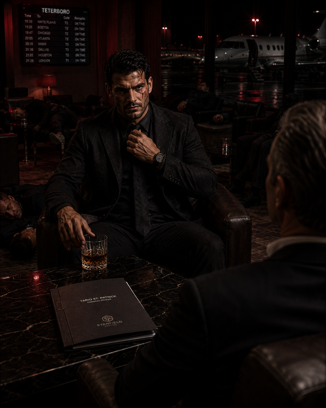 A bruised and bloody man in a ruined tailored suit, holding a suppressed pistol in the rain.