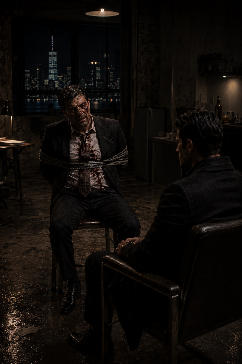 A bruised and bloody man in a ruined tailored suit, holding a suppressed pistol in the rain.