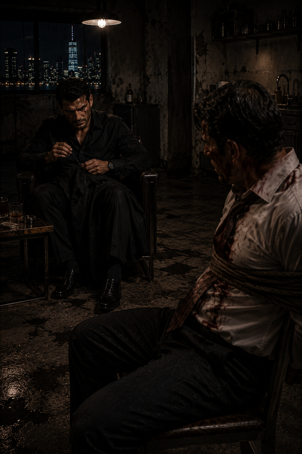 A bruised and bloody man in a ruined tailored suit, holding a suppressed pistol in the rain.