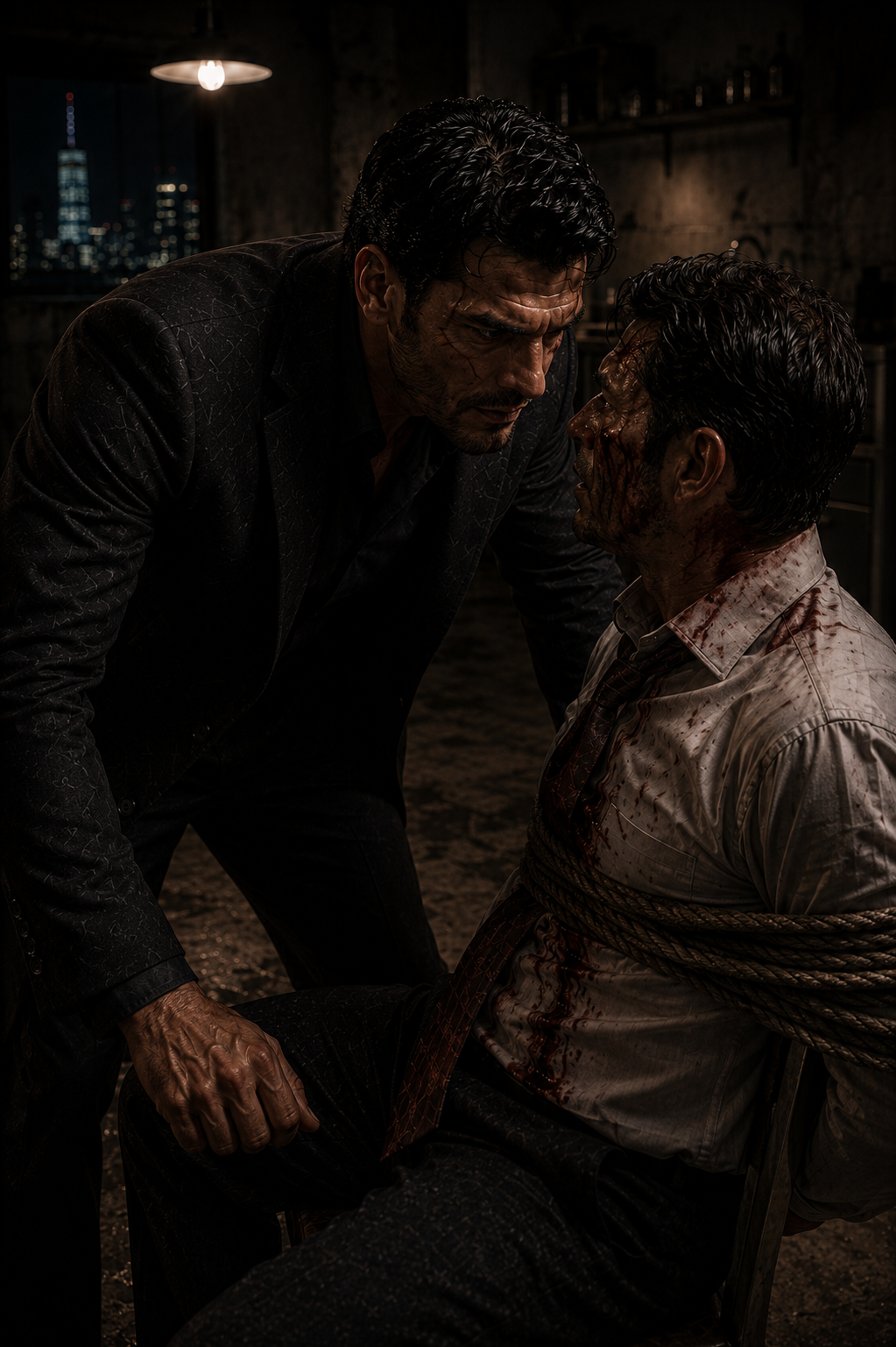 A bruised and bloody man in a ruined tailored suit, holding a suppressed pistol in the rain.