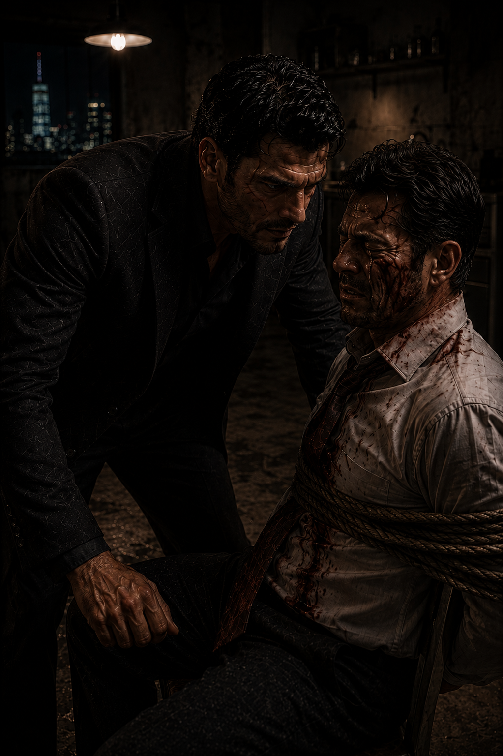 A bruised and bloody man in a ruined tailored suit, holding a suppressed pistol in the rain.
