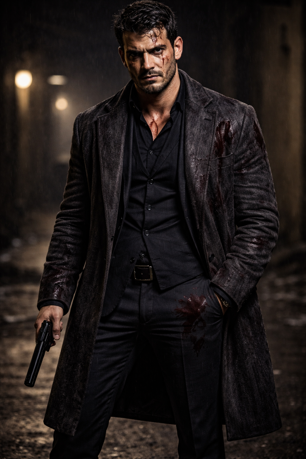 A bruised and bloody man in a ruined tailored suit, holding a suppressed pistol in the rain.