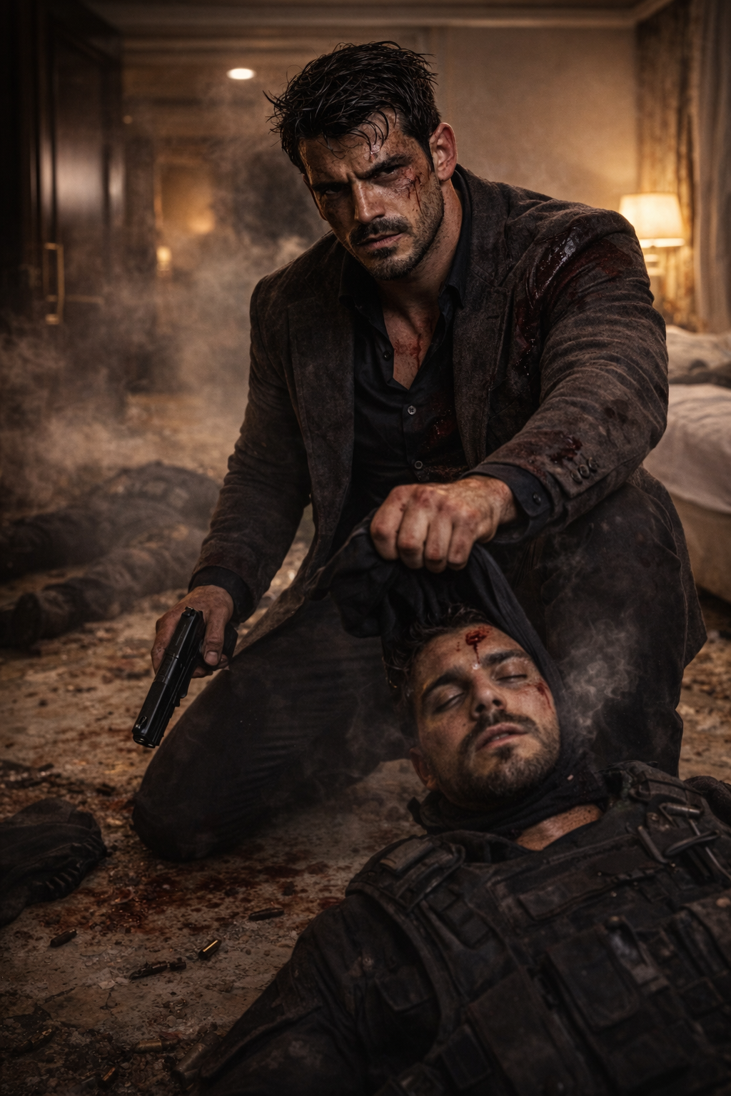 Shattered glass and bullet casings littering the marble floor of a luxury Macau hotel room.